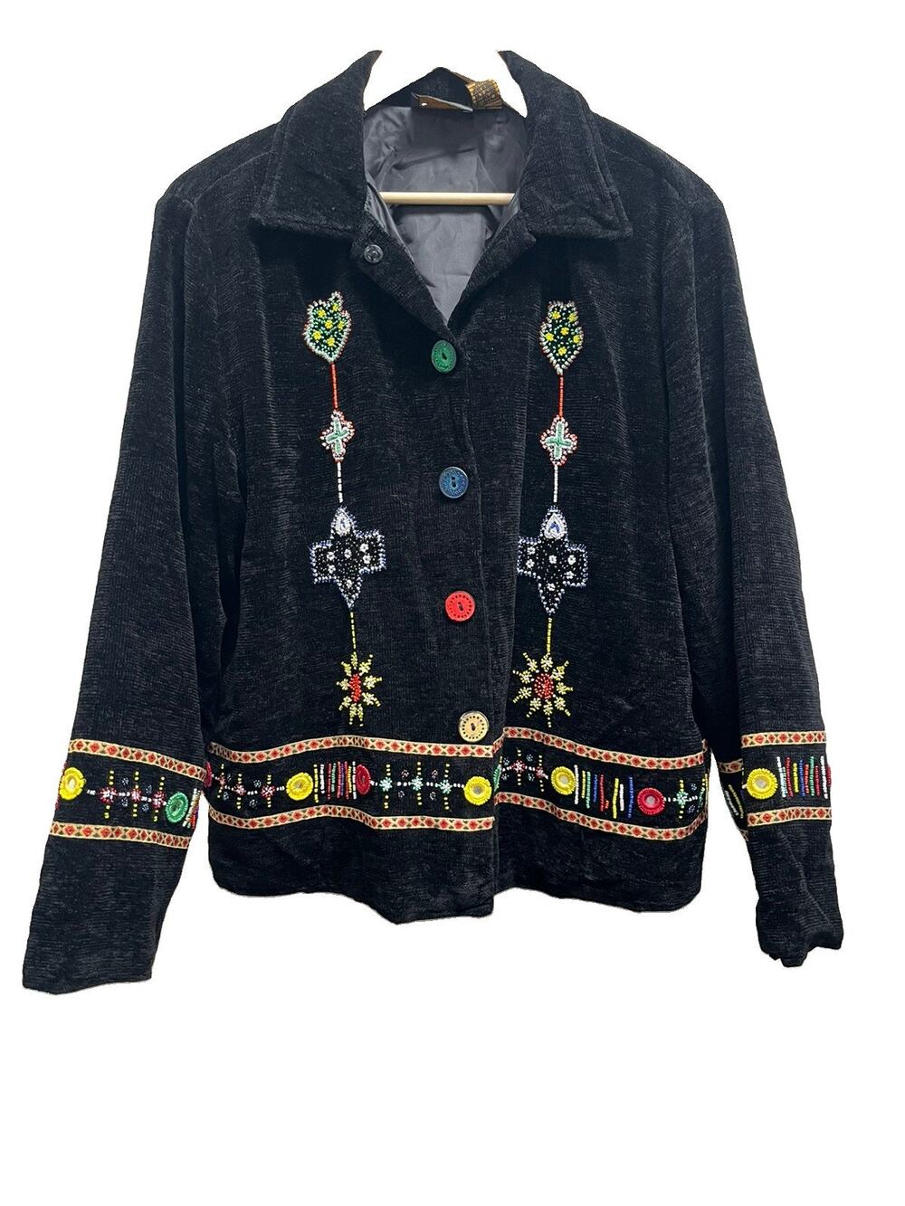 Julia Kim Jacket Womens L Black Beaded Embroidered Art to Wear Boho India